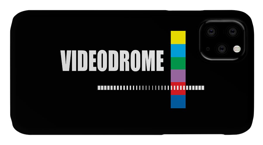 Black phone case with VIDEODROME text, dotted stripe line, and multicolor vertical bar; larger quad camera cutout.