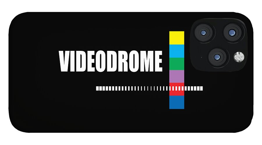 Black phone case with VIDEODROME text, dotted stripe line, and multicolor vertical bar; triple camera cutout.