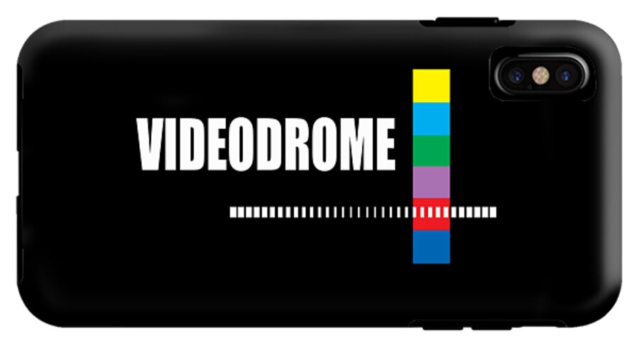 Black phone case with VIDEODROME text, rainbow vertical bar, barcode stripe; single camera cutout.