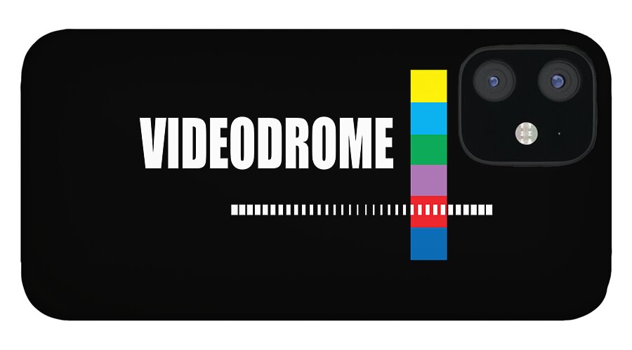 Black phone case with VIDEODROME text, barcode line, and colorful vertical bar; dual rear camera cutouts.