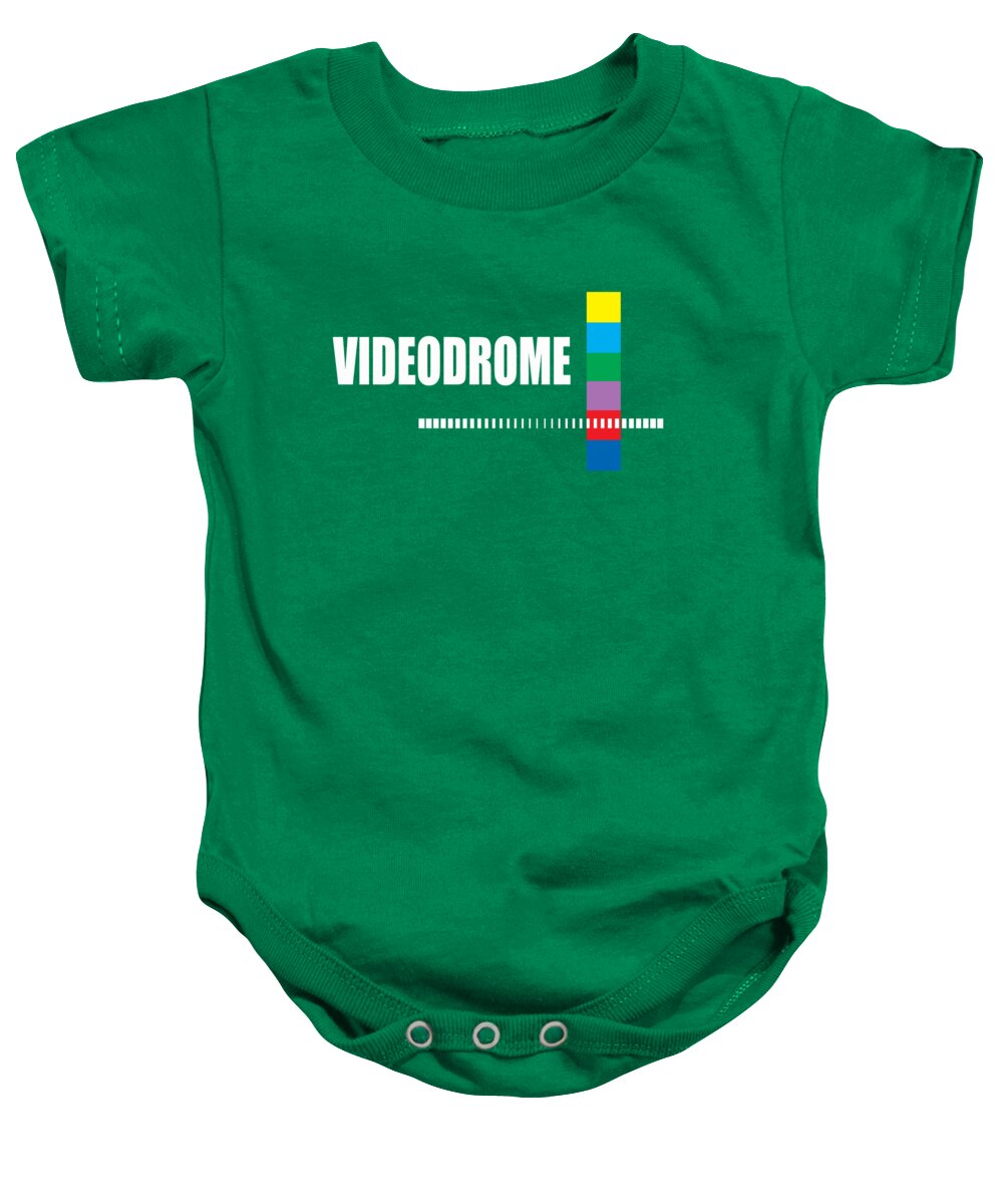 Green baby onesie with Videodrome graphic front and snap bottom