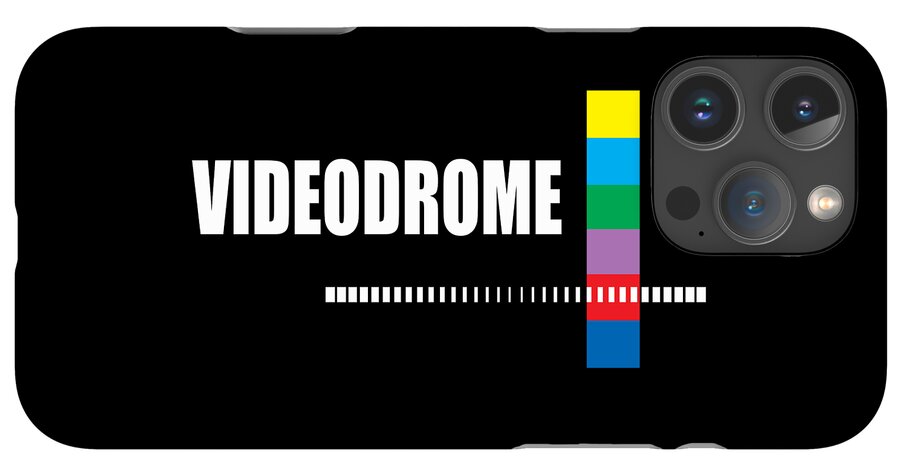 Phone case with “VIDEODROME” text, multicolor stripe, and triple camera cutout with flash