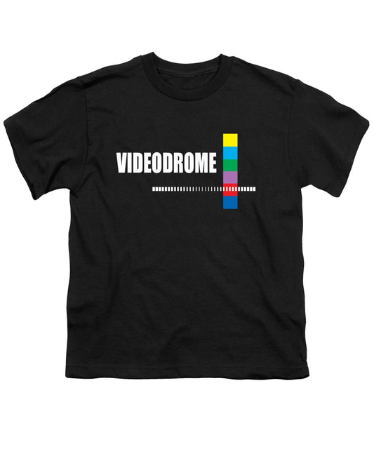 Youth crewneck T-shirt, black with VIDEODROME text and multicolor pixel bar graphic