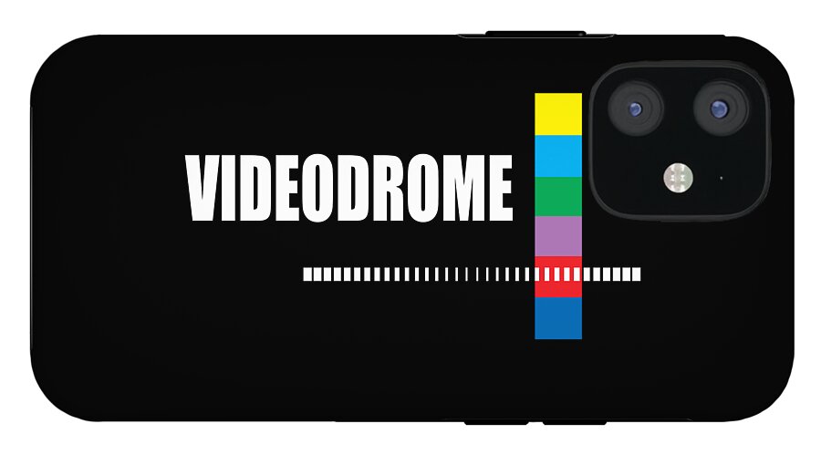 Black phone case with VIDEODROME text, striped pattern, and multicolor vertical bar; camera cutouts.