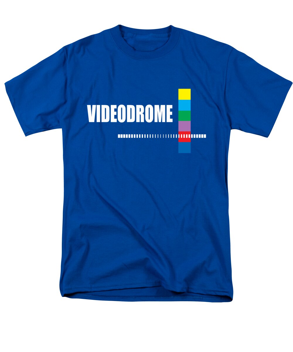 Men's royal blue T-shirt with front Videodrome graphic and multicolor bar emblem
