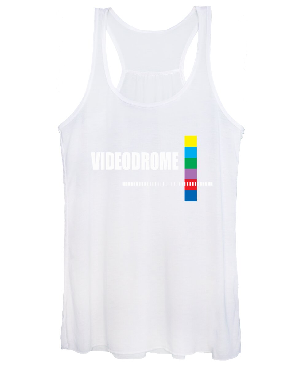 Women's white racerback tank top with scoop neckline and front graphic print