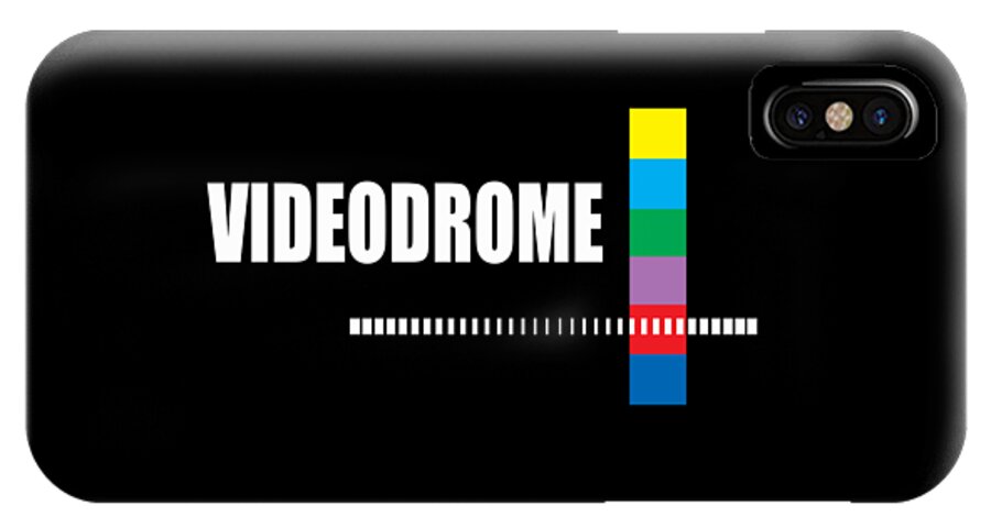 Black phone case with VIDEODROME wordmark, vertical rainbow bar, barcode stripe; camera and flash cutouts.