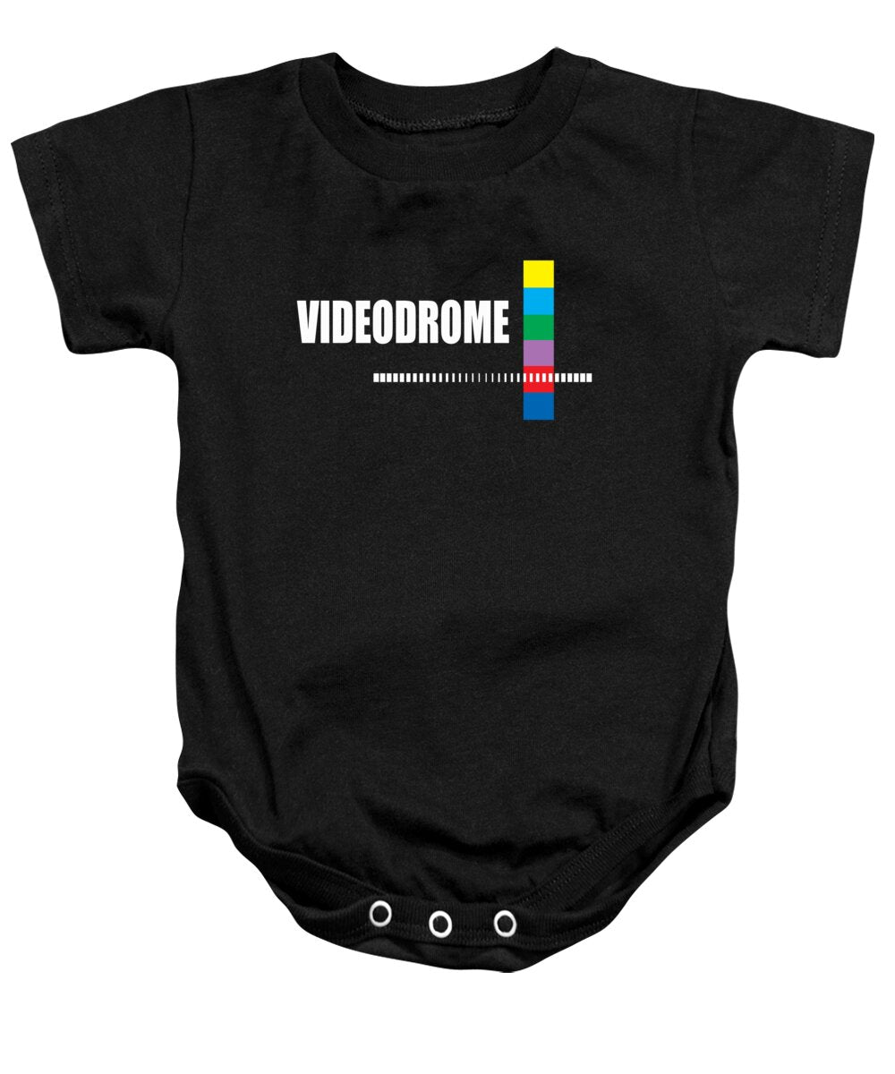 Black baby onesie with Videodrome graphic front and snap bottom