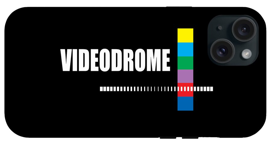 Phone case with “VIDEODROME” text, multicolor stripe, and triple camera cutout