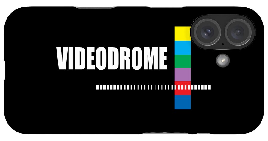 Black phone case with VIDEODROME text, multicolor vertical bar, barcode stripe; triple-lens camera cutout.