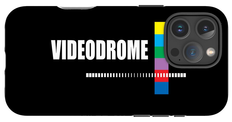 Phone case with “VIDEODROME” text, multicolor stripe, and triple rear camera cutout