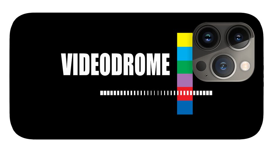 Black phone case with VIDEODROME text, barcode line, and multicolor vertical bar; dual rear cameras visible.