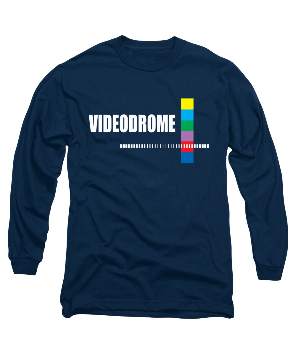 Navy blue long sleeve t-shirt with colorful barcode-style logo graphic on chest