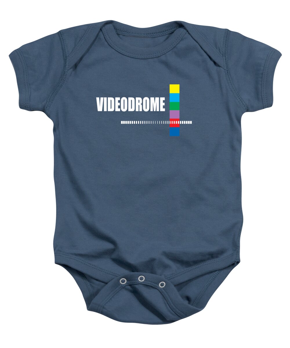 Navy baby onesie with Videodrome graphic front and snap bottom