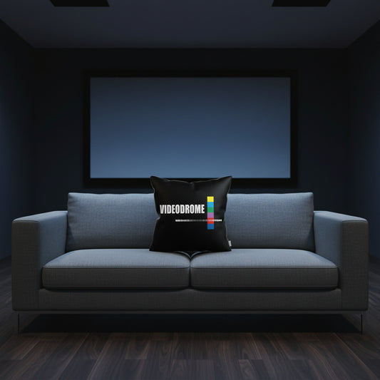 Black throw pillow with VIDEODROME logo and multicolor vertical bar