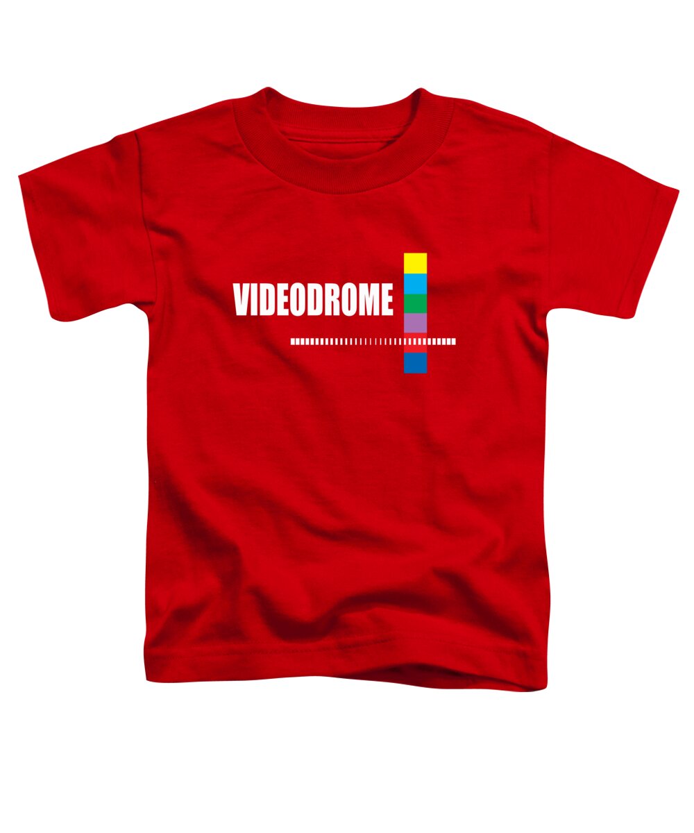 Toddler T-shirt in red with Videodrome logo and multicolor block cross graphic.