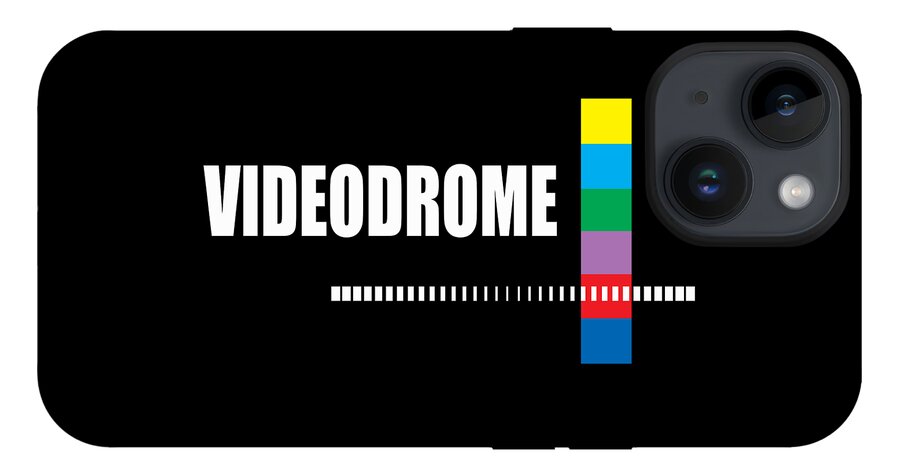 Black phone case with VIDEODROME text, rainbow bars, triple camera cutout.