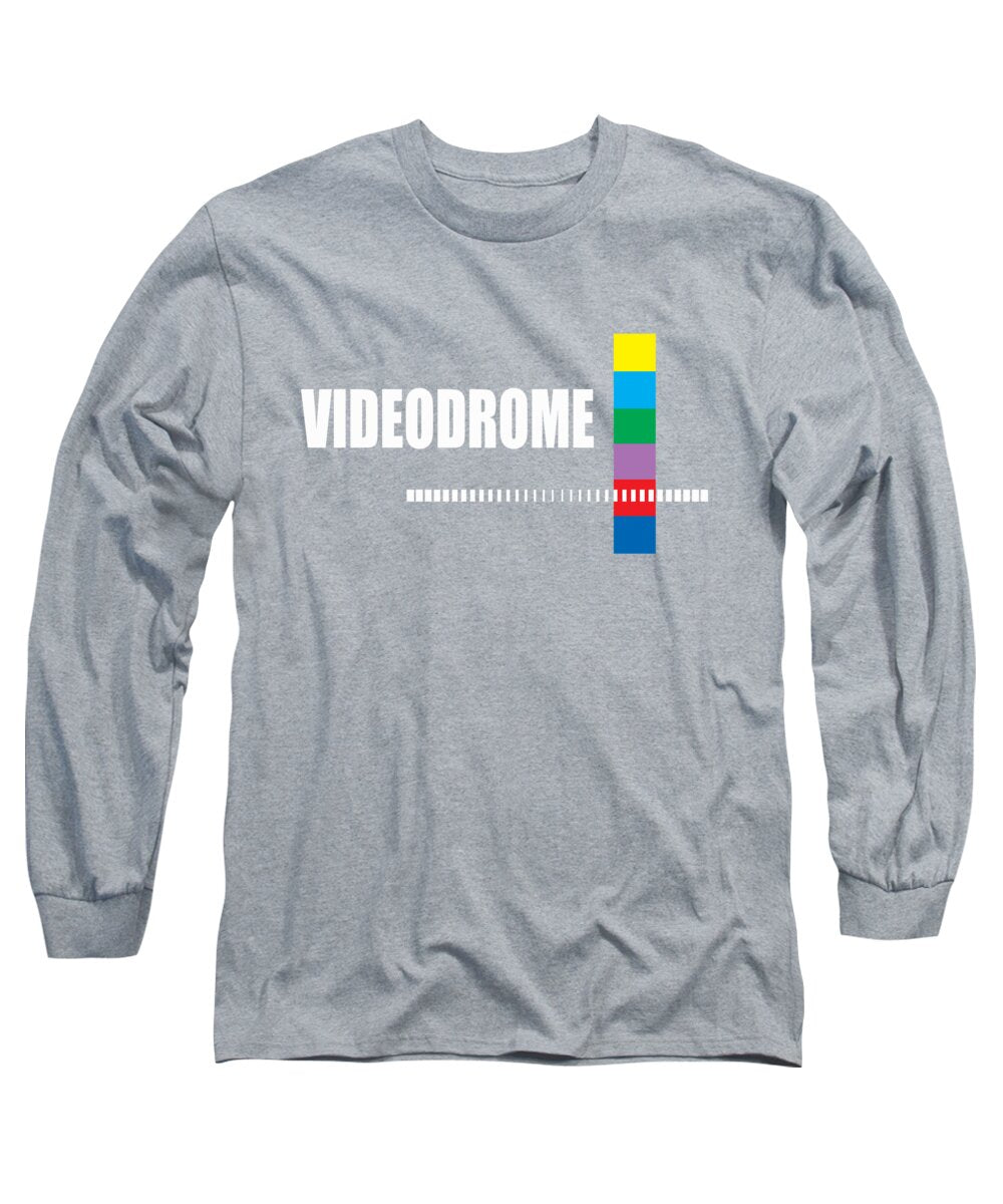 Heather gray long sleeve t-shirt with colorful barcode-style logo graphic on chest