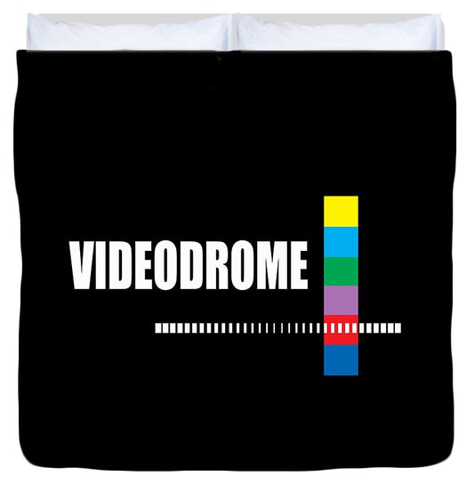 Black Videodrome duvet cover with VIDEODROME text, multicolor bars, and pixel line