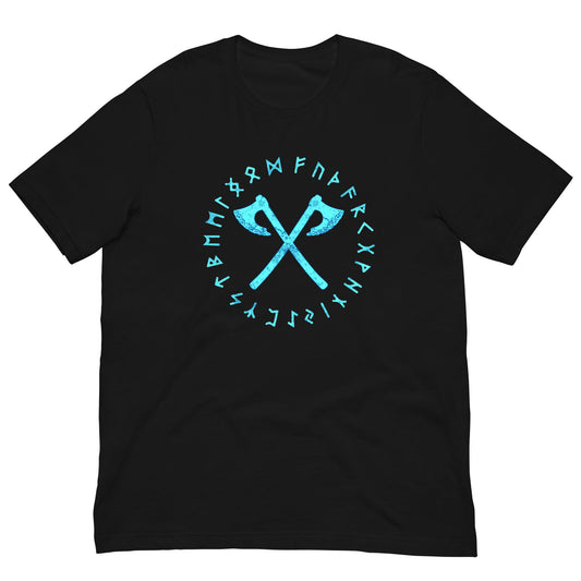 Black crewneck T-shirt with cyan axe and rune graphic centered on chest
