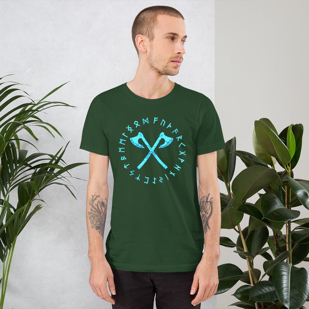 Forest green crewneck T-shirt with cyan axe and rune circle graphic at chest