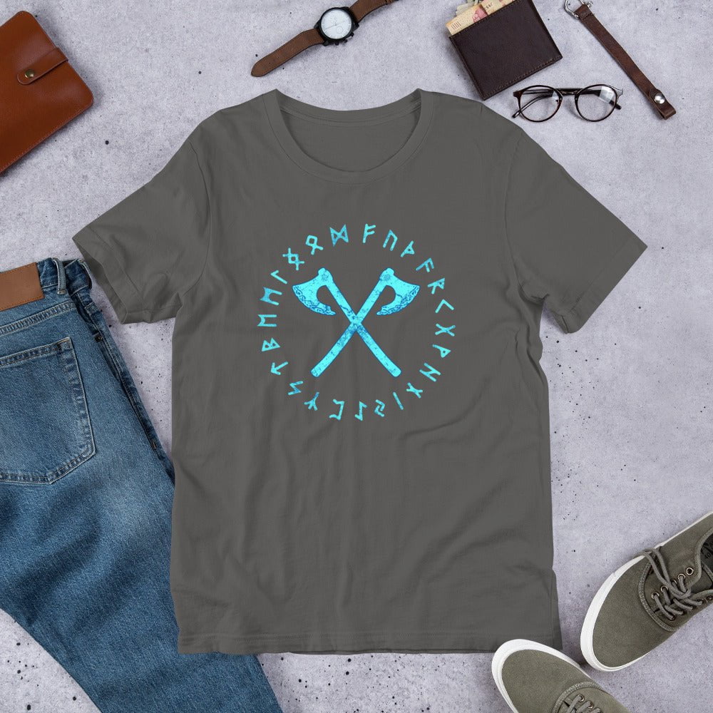 Gray crewneck T-shirt with cyan axe and rune circle graphic on front