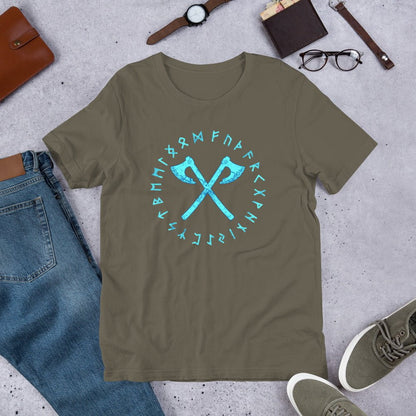 Olive crewneck T-shirt with cyan axe and rune circle graphic centered