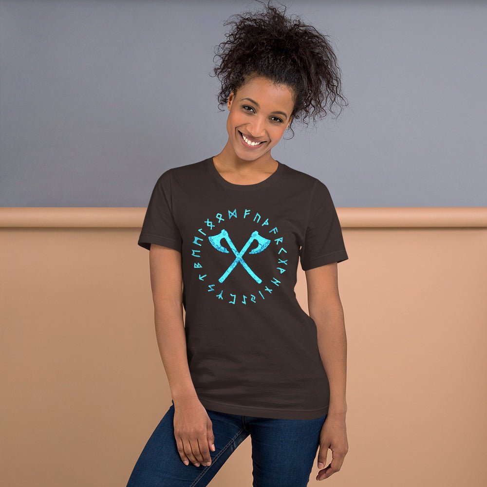 Dark brown crewneck T-shirt with cyan axe and rune circle graphic centered