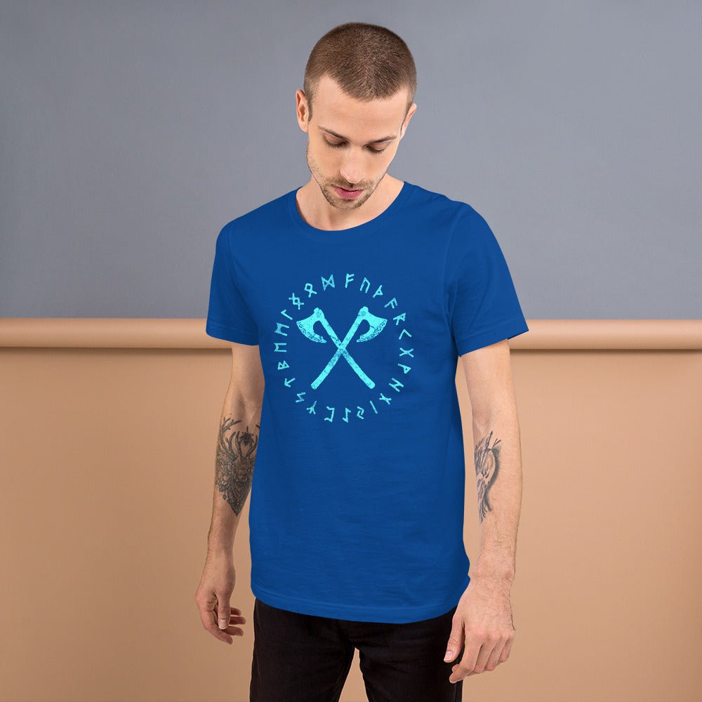 Royal blue crewneck T-shirt with cyan axe and rune circle graphic at chest