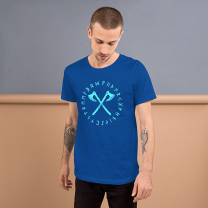 Royal blue crewneck T-shirt with cyan axe and rune circle graphic at chest