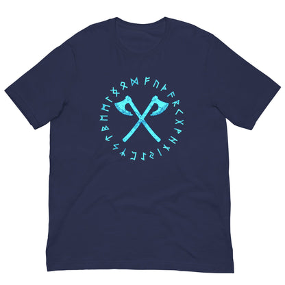 True royal blue crewneck T-shirt with cyan axe and rune circle graphic at chest