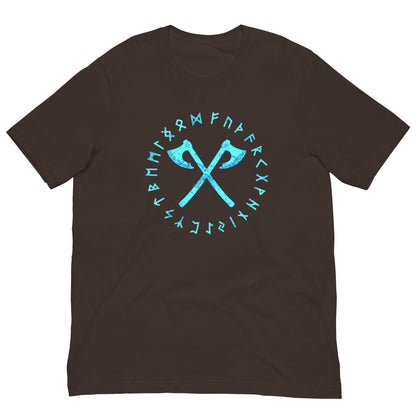 Brown crewneck T-shirt with cyan axe and rune circle graphic centered on front