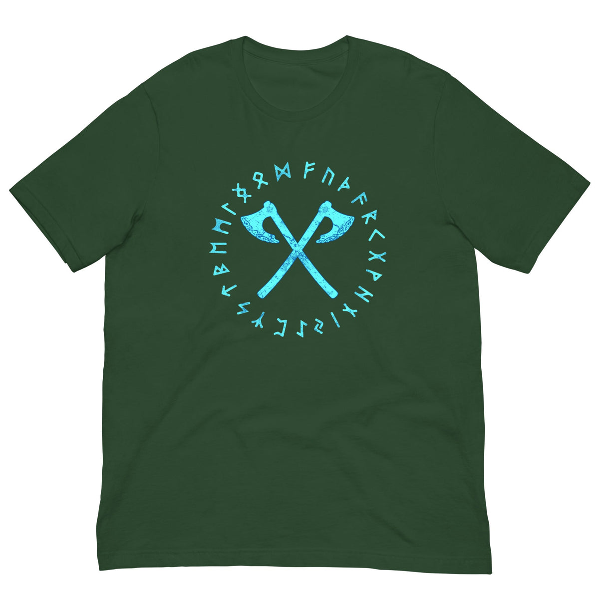 Viking axes and runes T-shirt, dark green with teal circular emblem print