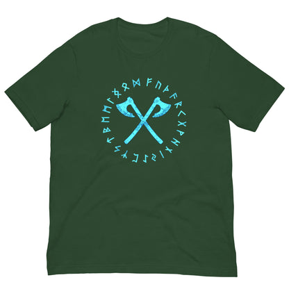 Viking axes and runes T-shirt, dark green with teal circular emblem print