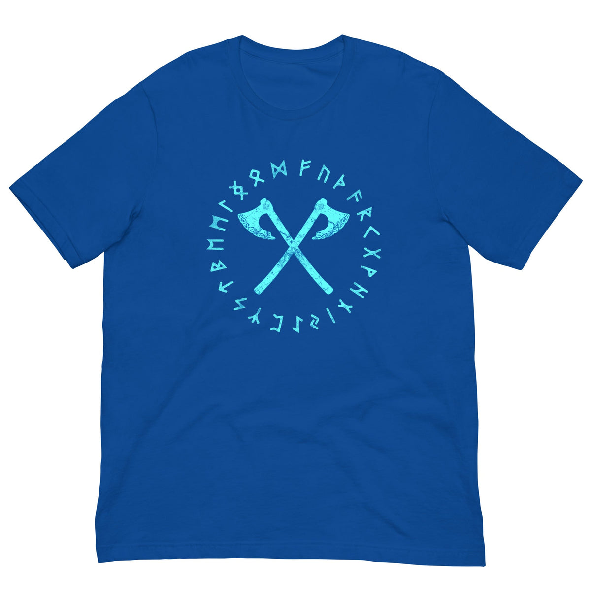 Viking axes and runes T-shirt, royal blue with teal circular emblem print