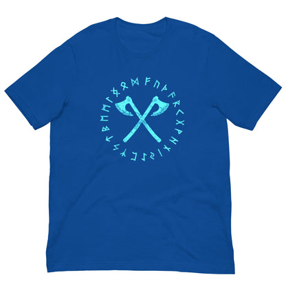 Viking axes and runes T-shirt, royal blue with teal circular emblem print