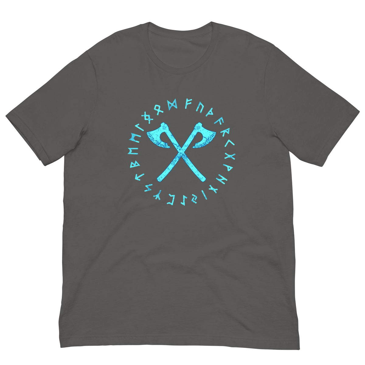 Viking axes and runes T-shirt, dark gray with teal circular emblem print