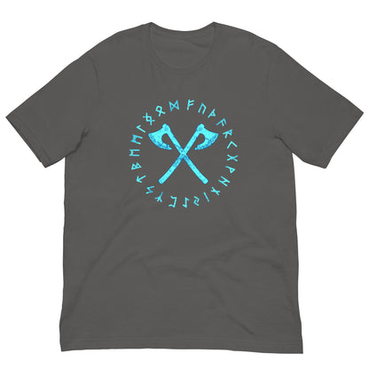 Viking axes and runes T-shirt, dark gray with teal circular emblem print