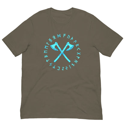 Viking axes and runes T-shirt, brown with teal circular emblem print