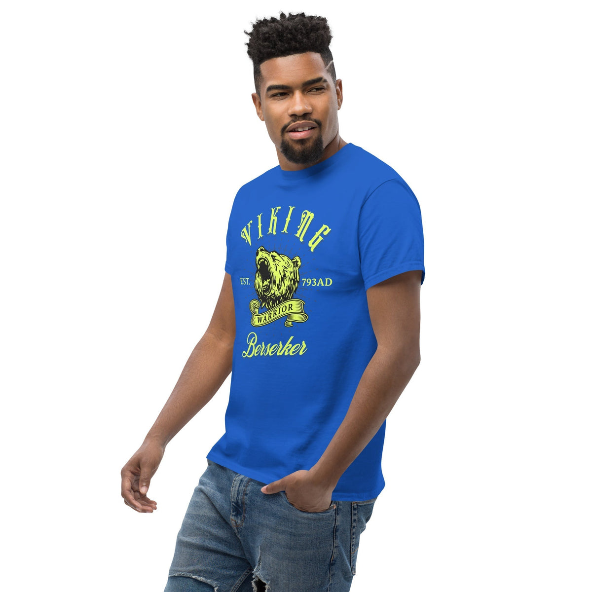 Royal blue Berserker warrior T-shirt with Viking bear graphic and Berserker text