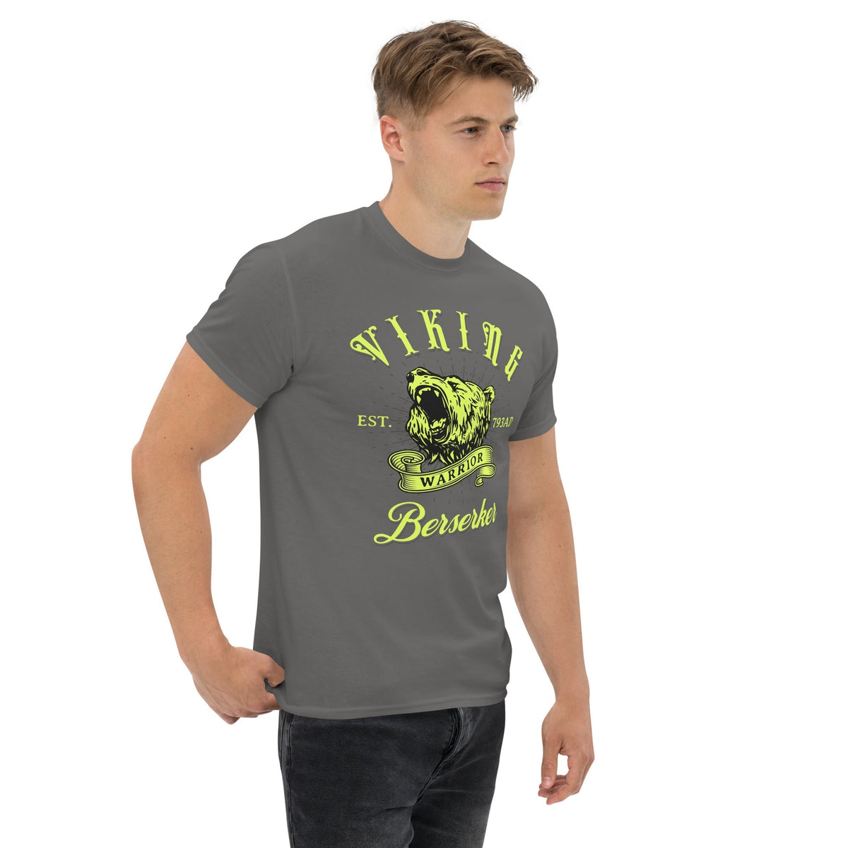 Charcoal Berserker warrior T-shirt with Viking bear graphic and Berserker text