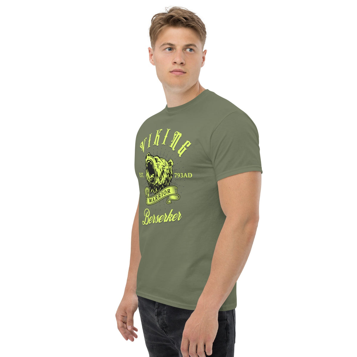 Military green Berserker warrior T-shirt with Viking bear graphic and Berserker text