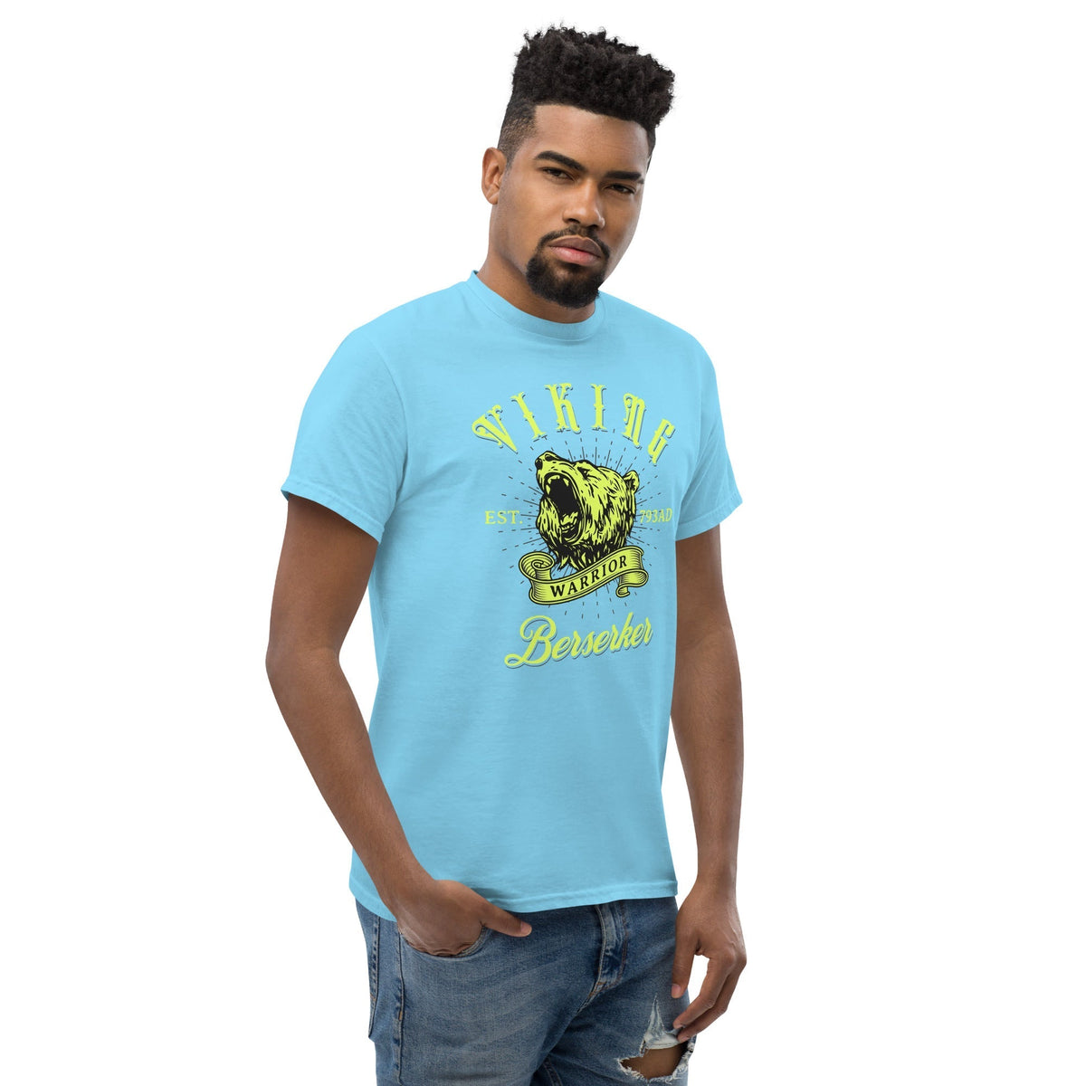 Sky blue Berserker warrior T-shirt with Viking bear graphic and Berserker text