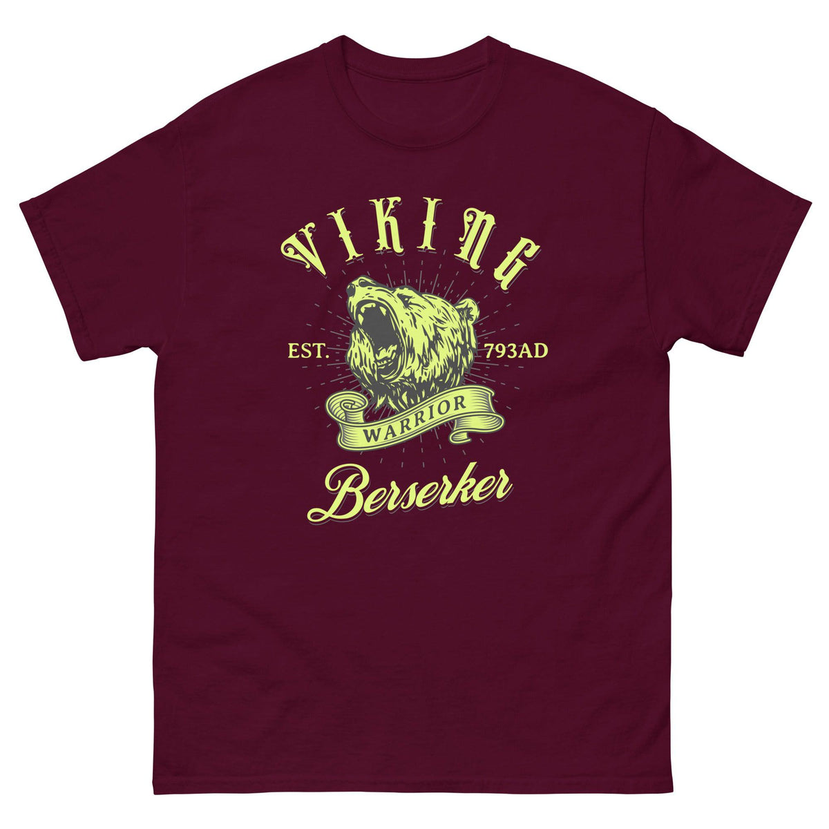 Maroon Berserker warrior T-shirt with Viking bear graphic and Berserker text