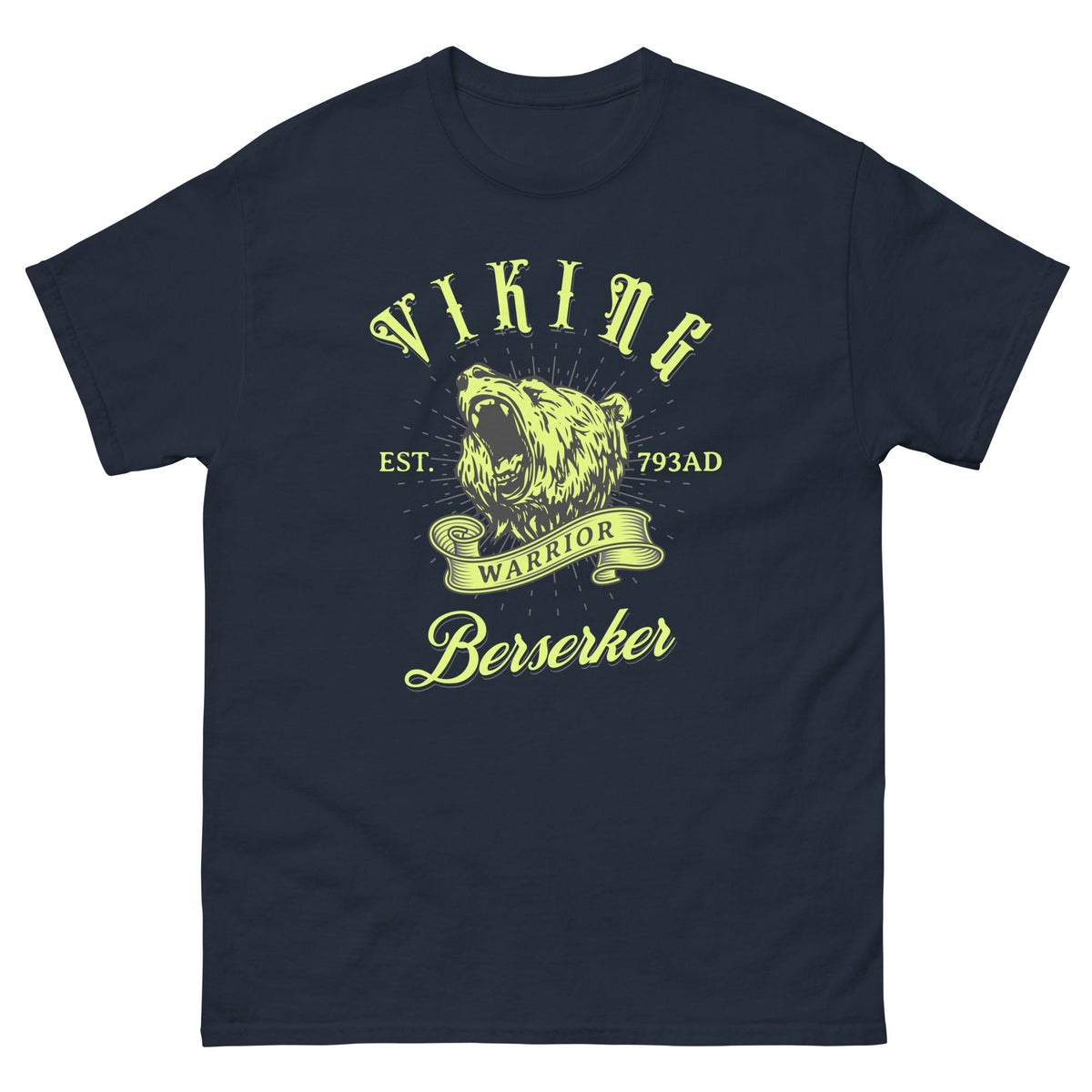 Navy Viking warrior T-shirt with large wolf Berserker graphic on chest