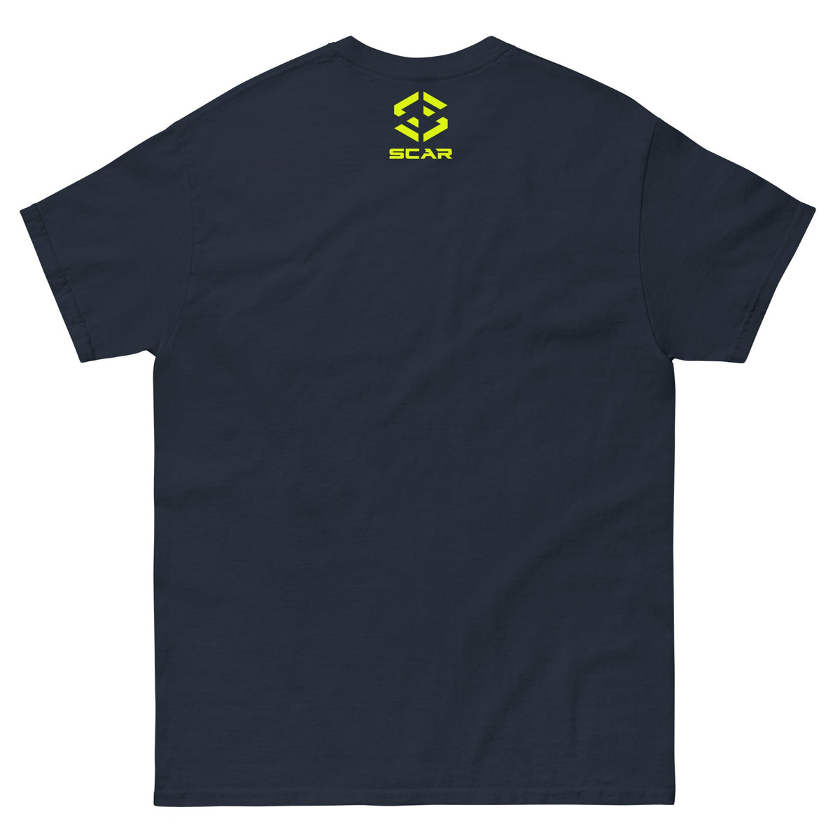 Navy Viking warrior T-shirt with small chest SCAR logo, back view