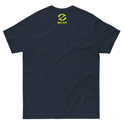 Navy Viking warrior T-shirt with small chest SCAR logo, back view