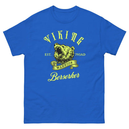 Blue Viking warrior T-shirt with large wolf Berserker graphic on chest