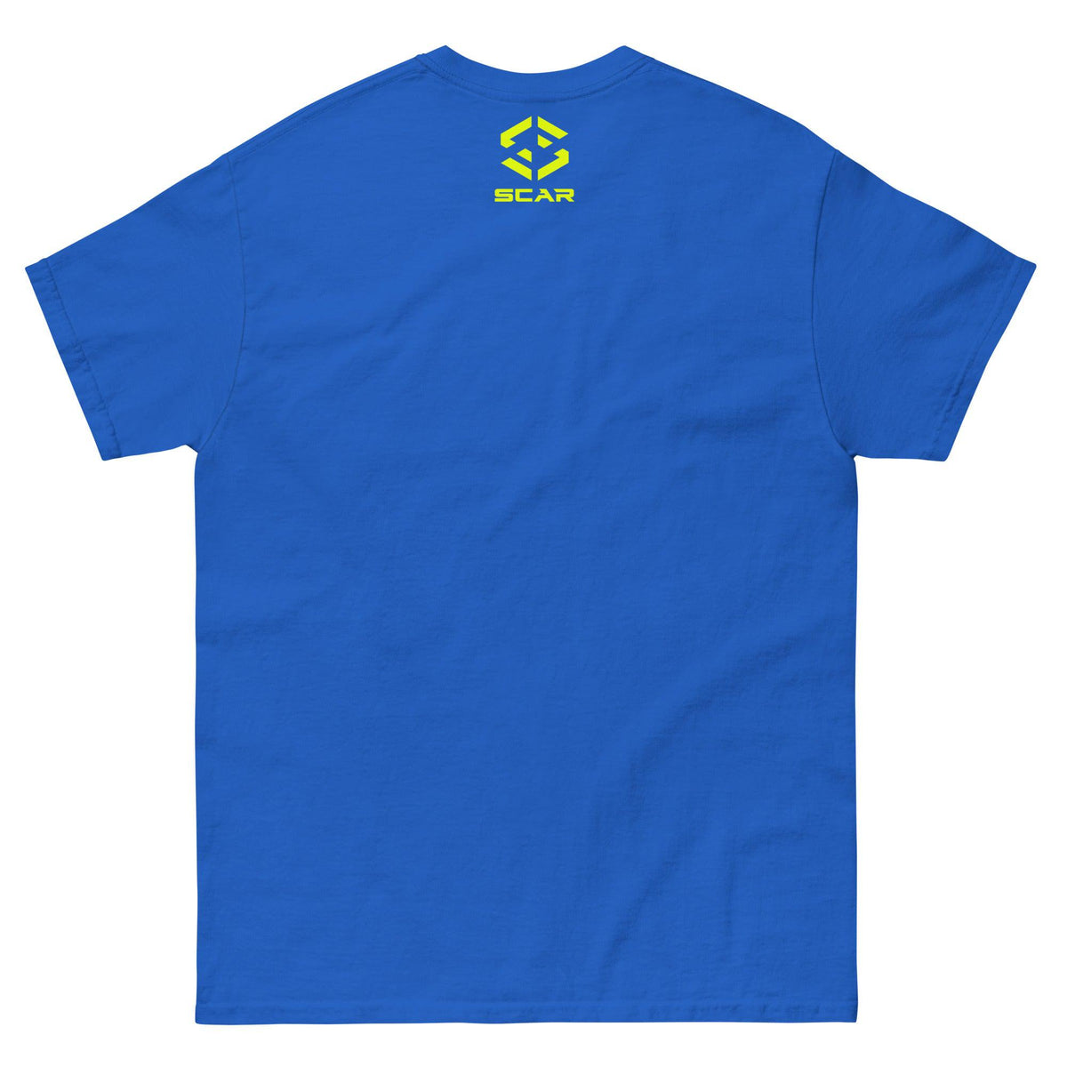 Blue Viking warrior T-shirt with small chest SCAR logo, back view