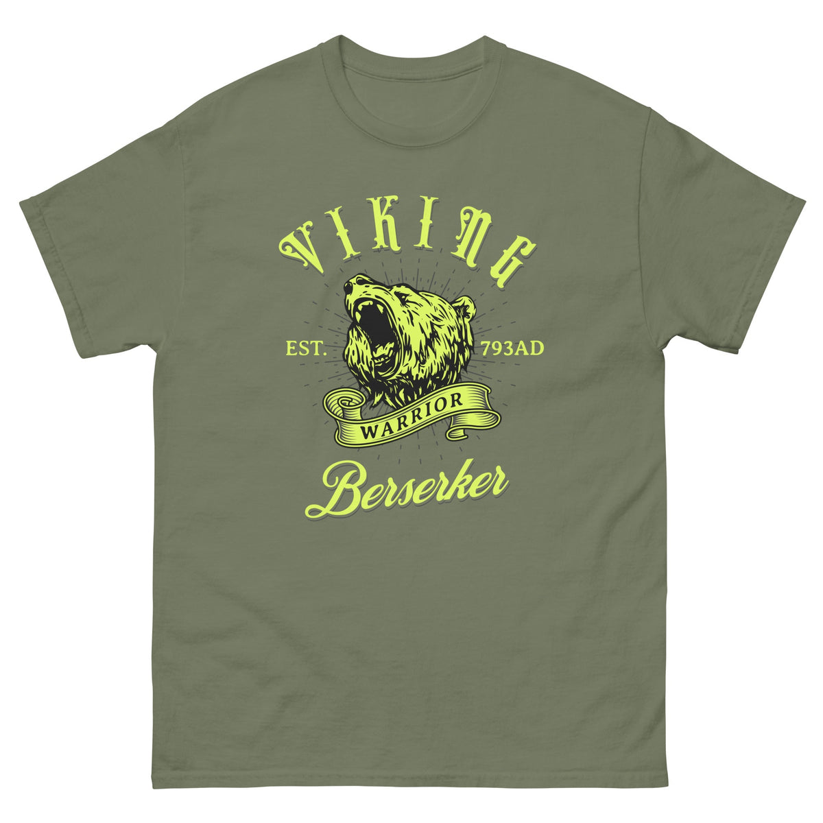 Viking Berserker T-shirt, olive green, front graphic with bear head and “Berserker”